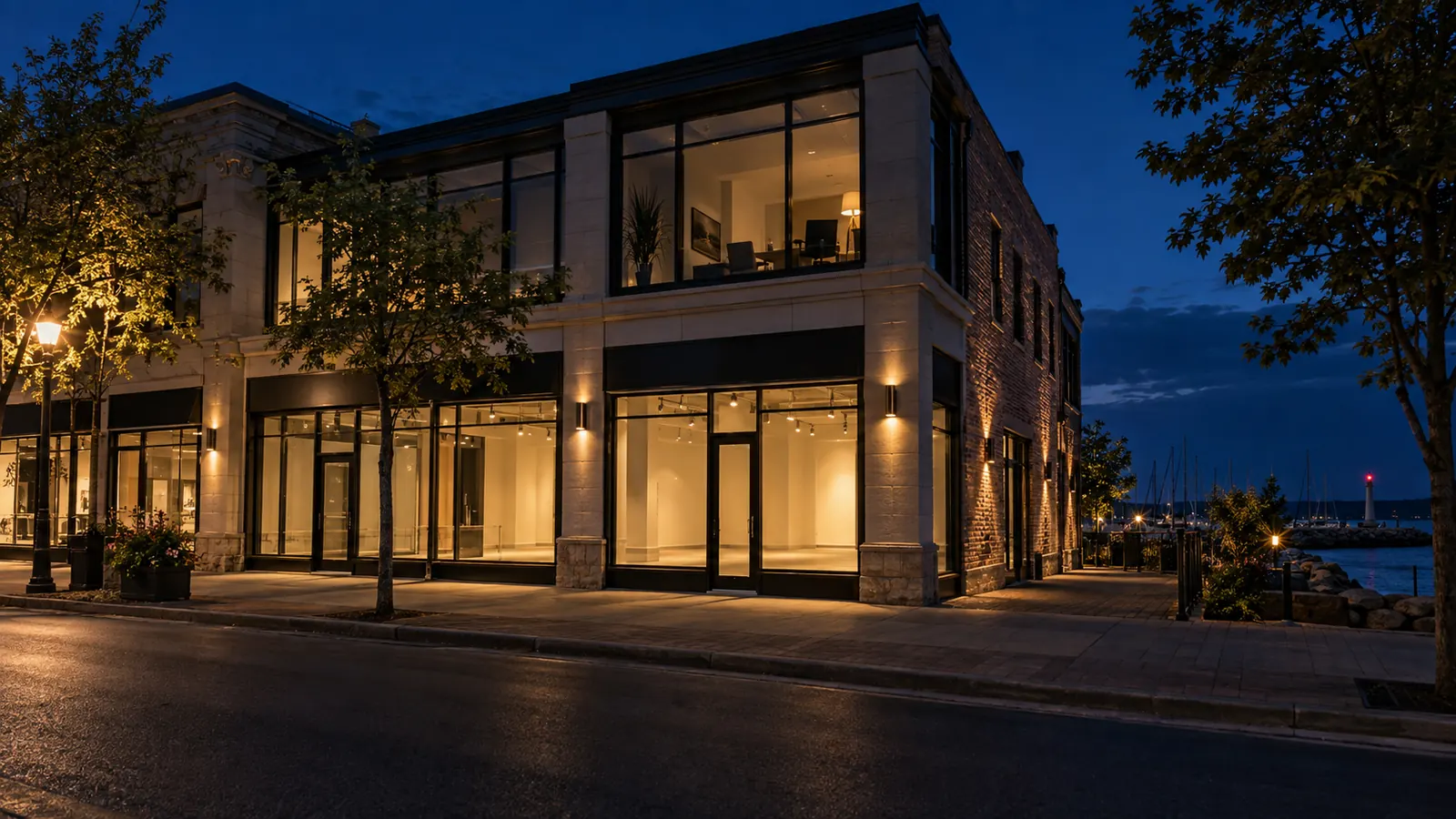 Illustrative two-storey commercial building with glass storefronts at dusk