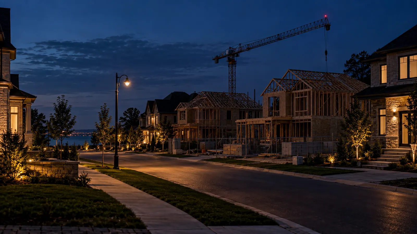 Illustrative scene of new detached homes being framed on an Oakville street at dusk