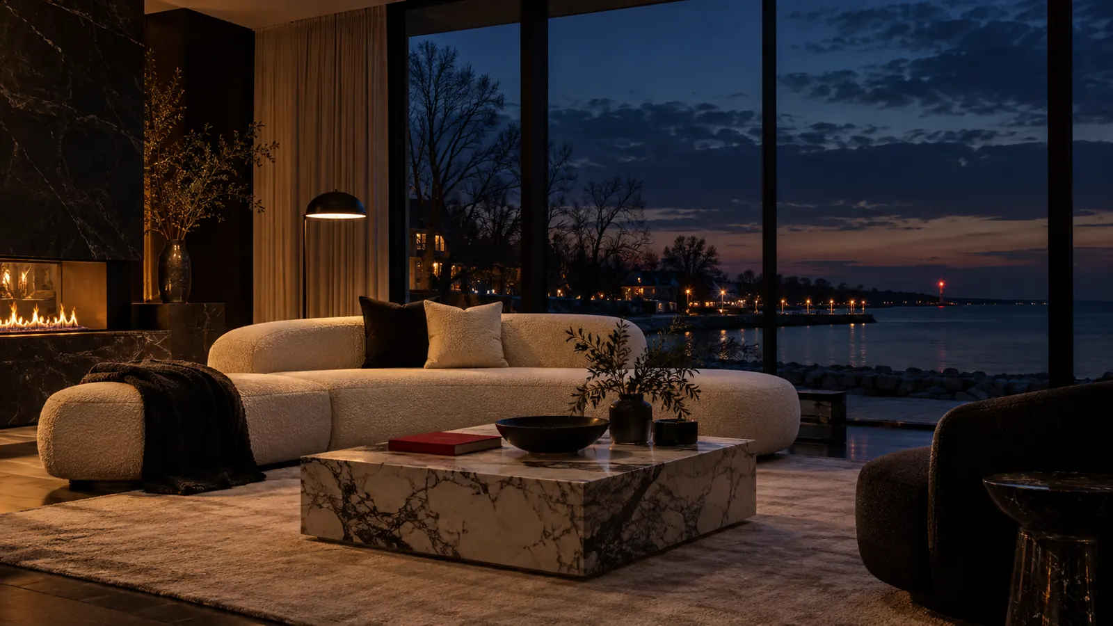 Illustrative black and cream staged living room at dusk with warm lamp light