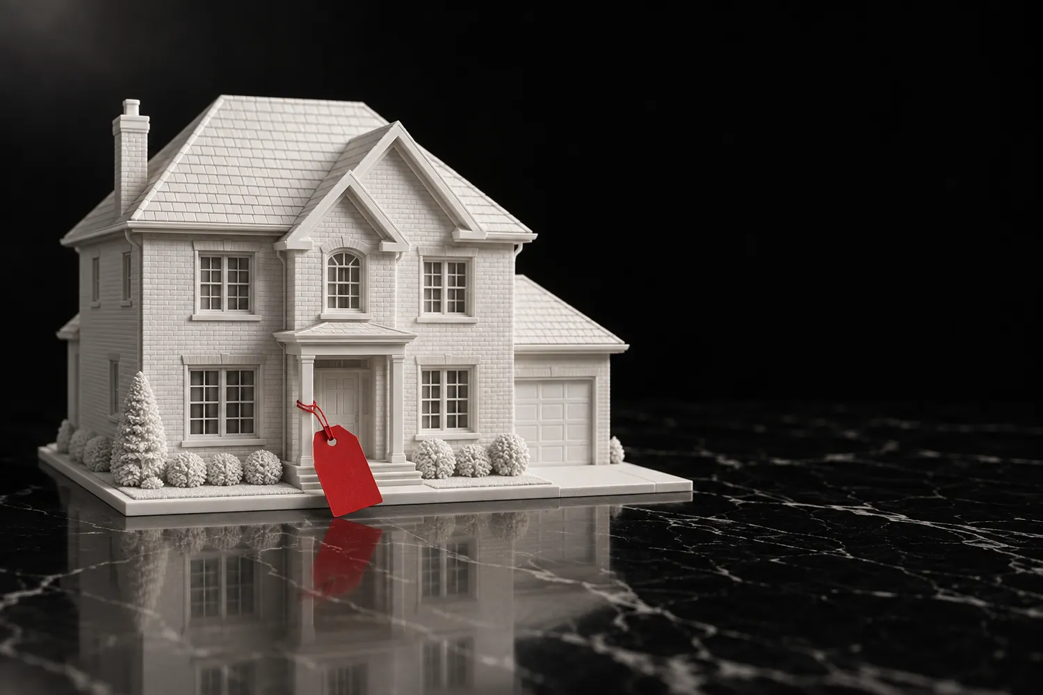 A white architectural model of a two-storey home with a red price tag on black marble